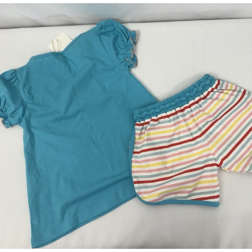NWT Busy Bees Smocks Aqua Blue Striped Short Set Girls Size 5 - Picture 2 of 6